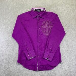 Victorious Shirt Womens Sz M‎ Purple Long Sleeve Embellished Cross Button Up Y2k